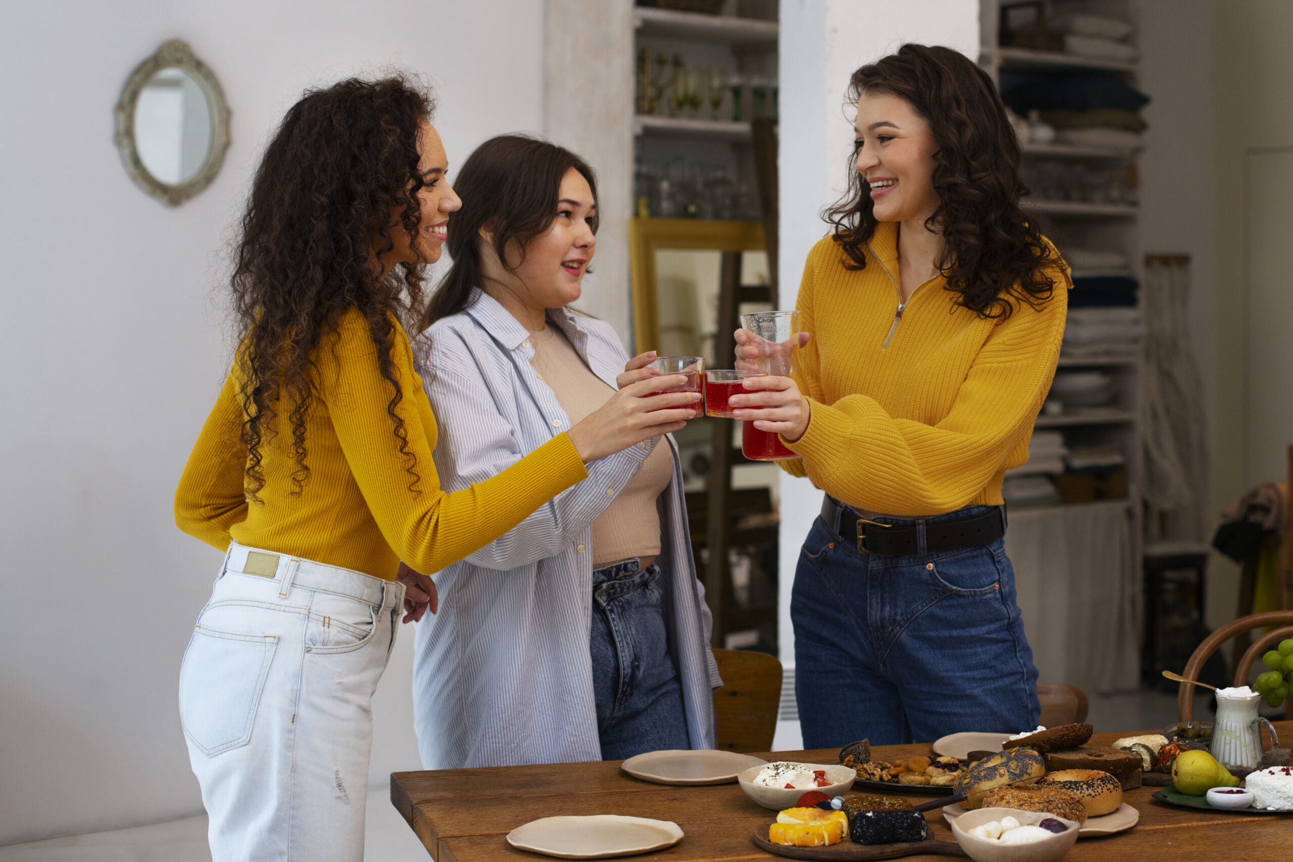 Group of Latina women gathered for coffee and conversation, representing intentional community building and adult friendships.
